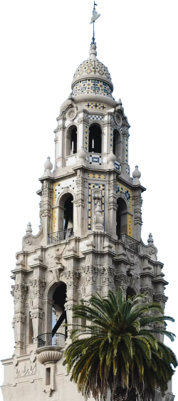 This image depicts a tall, ornate tower with intricate architectural details and a palm tree in the foreground.