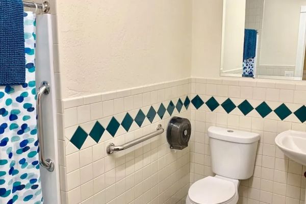 A bathroom with a toilet, sink, and mirror. There's a blue and white shower curtain, handrail, and dark tiles on the floor.