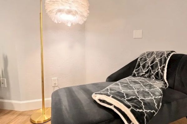 The image shows a cozy corner with a black chaise lounger, a geometric-patterned blanket, wood flooring, and a gold floor lamp with a feathery shade.