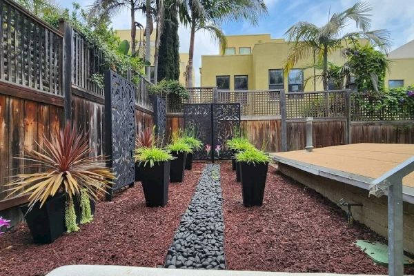 This image shows a landscaped backyard with potted plants, a pebble path, wooden deck, and tall palm trees with a yellow building in the background.