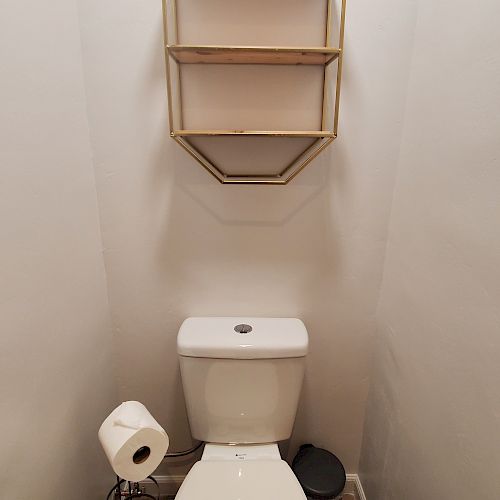 A compact bathroom with a toilet, a hexagonal wall shelf, a toilet paper holder, and a small bin. The floor is wooden.