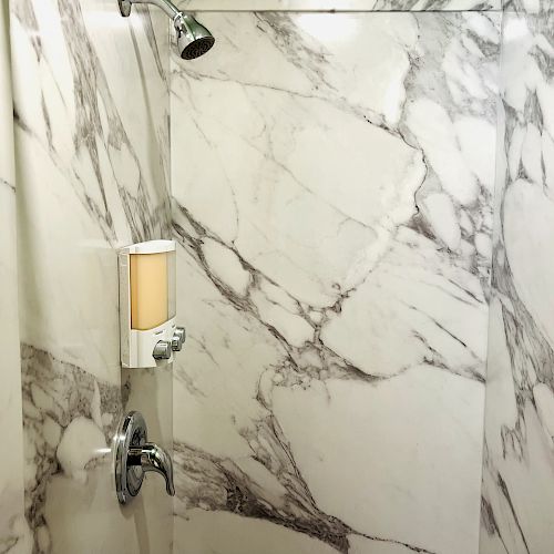 The image shows a marble-tiled shower with a showerhead, a soap dispenser, and a handle, all against a backdrop of white and gray veined walls.