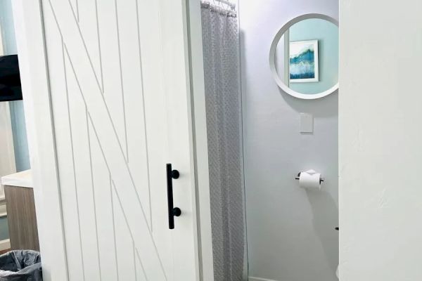 The image shows a sliding barn door leading to a small bathroom with a round mirror, a framed picture, a shower curtain, a rug, and a toilet paper holder.