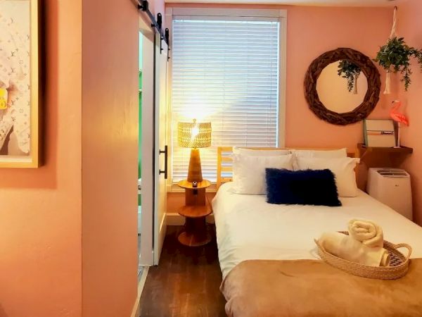 The image shows a cozy bedroom with pink walls, a bed, a bedside table, a lamp, a circular mirror, plants, and a ceiling fan.