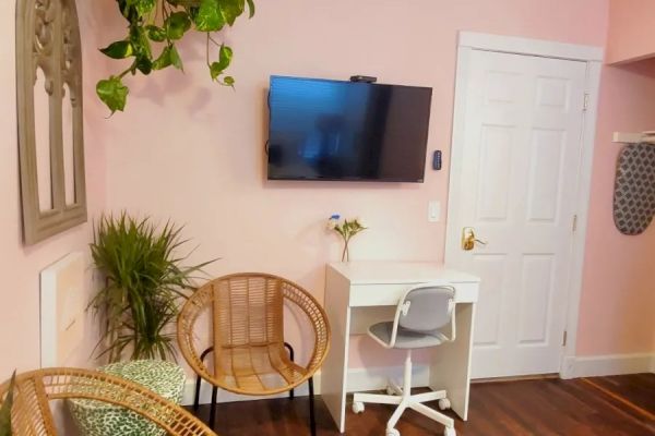 A cozy room with pink walls features a flat-screen TV, a small desk with a chair, wicker chairs, plants, and a door.