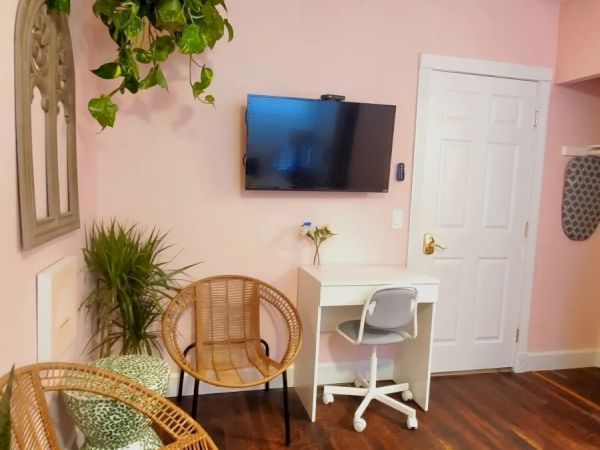 A cozy room with pink walls features a flat-screen TV, a small desk with a chair, wicker chairs, plants, and a door.