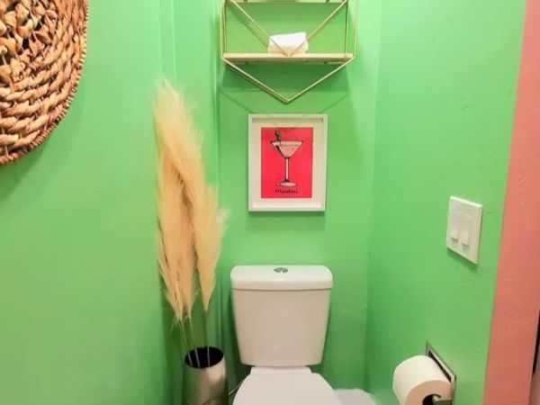 A green-walled bathroom with a toilet, toilet paper holder, decorative pampas grass, wall art, shelves, a mirror on the left, and light switch on the right.