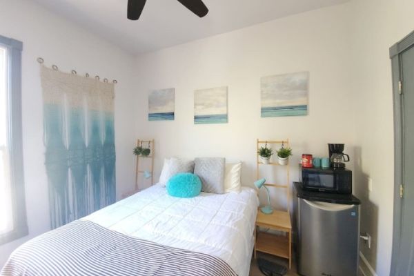 A cozy bedroom with a bed, teal pillows, wall art, hanging plants, a coffee maker, a microwave, and a mini-fridge. The room has a serene vibe.